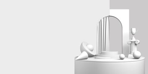 Poster - 3D rendering abstract background, copy space, pedestal pastel white, gray color. Minimal scene product display with arch and curtain. Luxurious light winner award design. Mobile app template