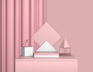 Poster - 3D rendering abstract display product pastel coral background. Geometric scene, pedestal showcase with arch and copy space. Luxury light clean design template. Web store layout