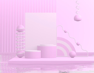 Poster - 3D rendering abstract display product, podium pastel pink background. Minimal advertising exhibition arch, decorative element, simple geometric form copy space. Premium light art mockup online trading
