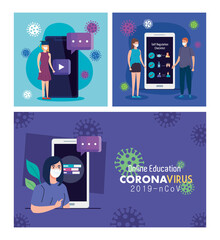 Canvas Print - set scenes, online education to stop coronavirus covid-19 spreading, learning online concept vector illustration design