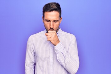 Poster - Young handsome man wearing casual striped shirt standing over isolated purple background feeling unwell and coughing as symptom for cold or bronchitis. Health care concept.