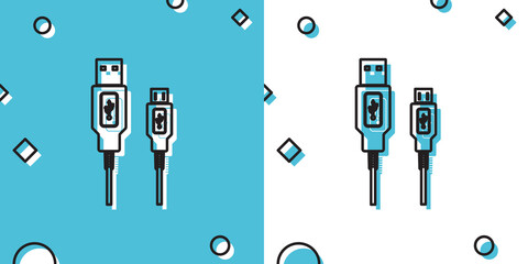 Poster - Black USB Micro cables icon isolated on blue and white background. Connectors and sockets for PC and mobile devices. Computer peripherals connector or smartphone recharge supply. Vector Illustration
