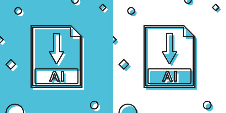 Black AI file document icon. Download AI button icon isolated on blue and white background. Random dynamic shapes. Vector Illustration