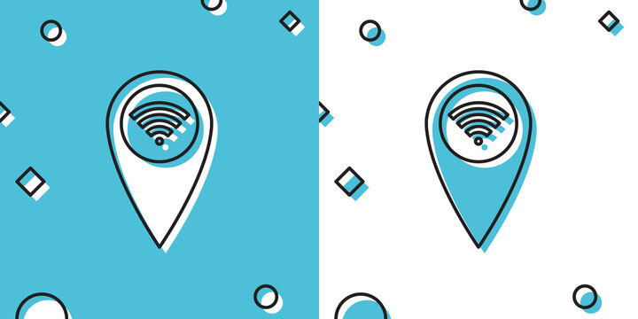 Black Pointer map with wifi internet signal connection icon isolated on blue and white background. Random dynamic shapes. Vector Illustration