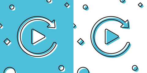 Poster - Black Video play button like simple replay icon isolated on blue and white background. Random dynamic shapes. Vector Illustration