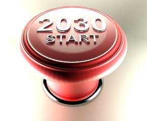 Poster - 2030 START on red emergency push button - 3D rendering illustration