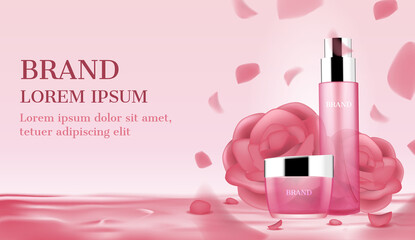 Pink Cosmetic products with roses and petals