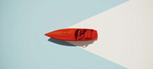 Minimal Composition For Adventure And Summer Concept. Top View Of Red Speedboat On Blue Background. 3d Rendering Illustration.