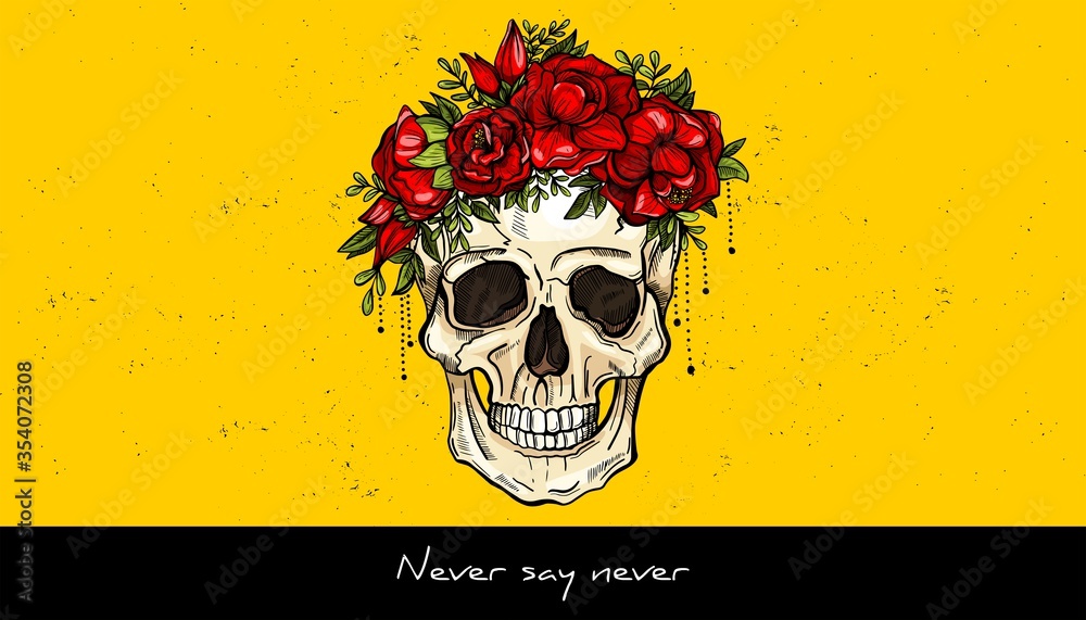 Human skull and wreath of flowers sketch tattoo design. Hand drawn ...