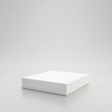 White Showcase Podium Or Product Display On White Background With Pedestal Stand Concept. Blank Product Shelf Standing Backdrop. 3D Rendering.