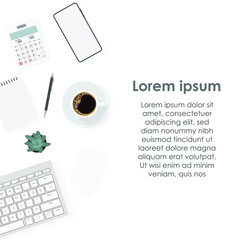 Poster - top view of office desk workspace with coffee cup, notebook, plastic plant, smartphone and keyboard on white background, graphic designer, Creative Designer concept.