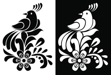 Wall Mural - Scroll saw a pattern of bird sitting on a flower with leaves isolated on white background