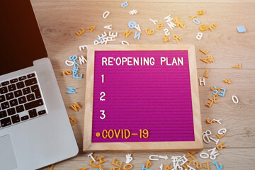 Reopening plan 1,2,3 text on purple letter board. Business concept. Service, restaurant, shop and cafe re-opening. Reopening of the place after the quarantine due to covid-19. Message we're open.