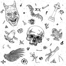 Occult Witch Magic Design Elements Set. Hand Drawn Witchcraft Mystery Symbols, Bird Wing, Grave Stone, Cross, Vampire Bat, Human Skull, Poison Toad, Frog, Chicken Foot, Lizard, Evil Face. Vector.