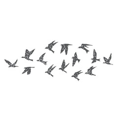 Wall Mural - Silhouette of city flying birds on white background. Inspirational body flash tattoo ink. Set of textured stipple grey birds fly swallows, hand made. Vector.