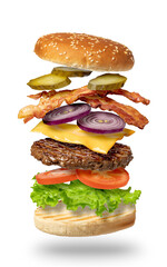 Sticker - Flying burger on a white background