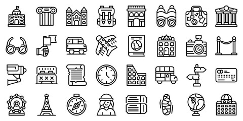 Sticker - Sightseeing icons set. Outline set of sightseeing vector icons for web design isolated on white background