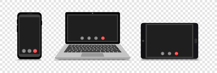 Mockup video calls on a smartphone, tablet and laptop. Screen with video call and video conference. Quarantine. Online meetings.