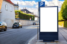 Modern Empty Blank Advertising Billboard Banner In A City Outdoors At A Bus Station. Mockup For Your Advertising Project.