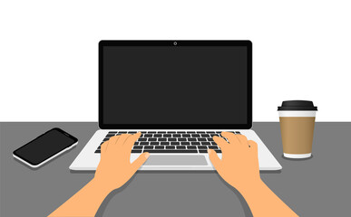 Hands on a laptop. Work at the laptop. Workplace. Vector flat style.