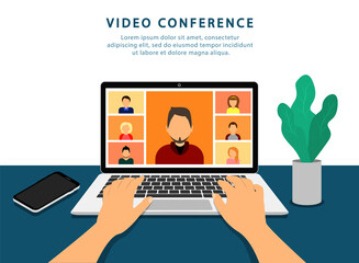 Video conference on laptop. Online meeting. Quarantine. Mockup video calls.