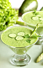 Sticker - gazpacho cold soup from avocado, asparagus and cucumber. detox diet. Vegetarian dish. 