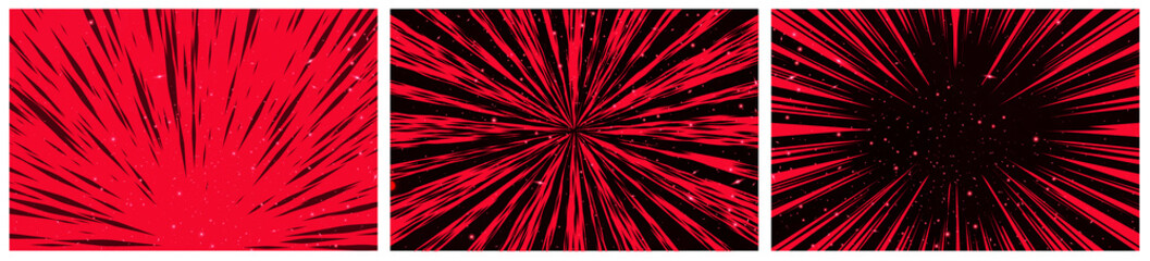 Set of 3 Hyper Speed Warp Sun Rays or Explosions. Boom for Comic Books. Radial Background. Vector.