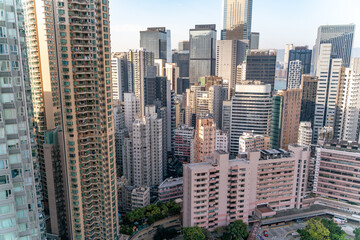  The amazing view of Hong-Kong cityscape full of skyscrapers from the rooftop.