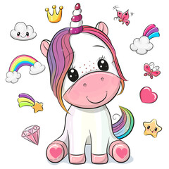 Wall Mural - cartoon unicorn and set of cute design elements