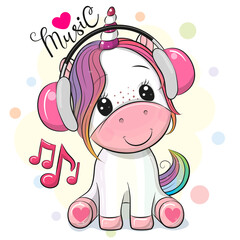 Cartoon Unicorn with headphones on a white background