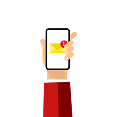 Poster - New email notification on mobile phone, smartphone screen. Hand holds a mobile phone on the screen envelope. Vector on isolated white background. EPS 10
