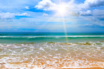 Sea and sun on blue sky background. The concept is travel.