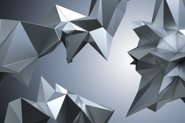 Wall Mural - 3d render, digital illustration, abstract futuristic background, geometric polygonal shapes, silver crystals, faceted metallic surface