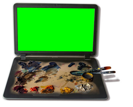A hybrid of an artist's palette with a computer. Context: the study of computer graphics. The concept of computer graphics teaching.