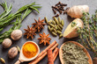 Antivirus health food immune boosting properties with rosemary, thyme, nutmeg, sage, clove spice, ginger, cinnamon sticks, turmeric, star anise, cardamom herbs. Immune defense healthy products concept