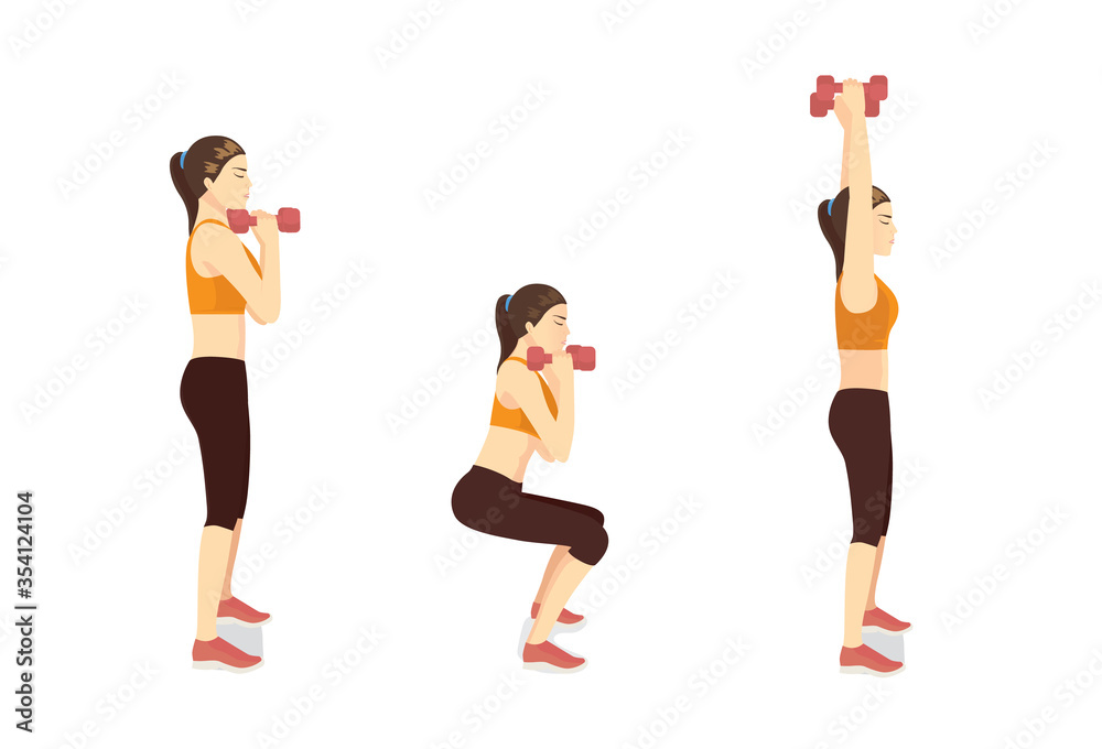 Sport Women doing Fitness with Dumbbell Squat and Overhead Press Exercise in 3 steps. Diagram of How to easy Fitness training target to Arms muscles. side view. - obrazy, fototapety, plakaty 