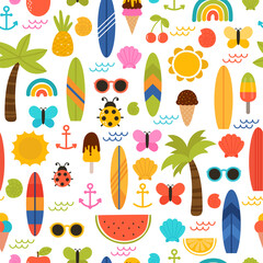 Wall Mural - Summer seamless pattern with surfboards, palm trees, anchors, sunglasses and shells. Cute background for textile or fabric