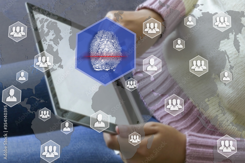 Fingerprint scanning on the touch screen with a blur the girl with the ...