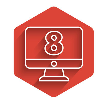 White line 8 March on monitore icon isolated with long shadow. International Happy Women Day. Red hexagon button. Vector Illustration.