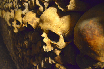 Human skull and bones in the Paris Catacombs, France