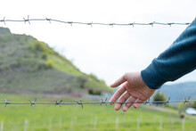 Man Hand And Barbed Wire In Landscape