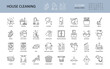 Vector house cleaning icons. Editable Stroke. Cleanup, dusting dishwasher defrosting sweeping vacuuming. Disinfection wet cleaning windows detergents iron laundry broom furniture