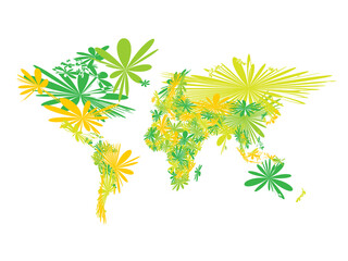 Poster - World map of spring blooming flowers. Green and yellow blossoms mosaic