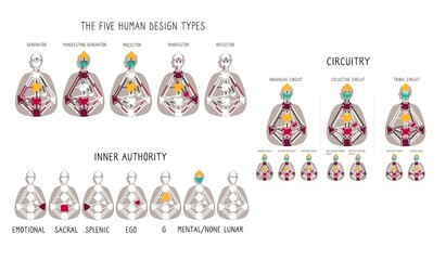 generator projector manifestor reflector. five human design types. circuitry. authority types. vecto