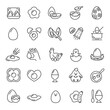 Chicken egg, icon set. Use of eggs in cooking, various types of cooking, linear icons. Line with editable stroke
