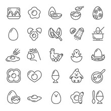 Chicken Egg, Icon Set. Use Of Eggs In Cooking, Various Types Of Cooking, Linear Icons. Line With Editable Stroke
