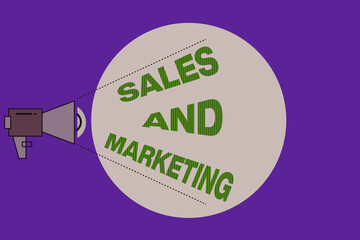 Poster - Text sign showing Sales And Marketing. Business photo showcasing Business Advertising, Promotion, and Commercial Strategy Megaphone with Pitch Power Level Volume Sound Icon and Blank Circle