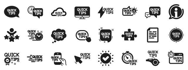 Poster - Set of Helpful tricks, Solution and Quickstart guide icons. Quick tips icons. Tutorial, helpful tips and turning tricks. Hand hold smartphone, Quick chat, tutorial, whistle signs. Vector
