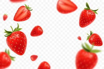 falling juicy ripe strawberry with green leaves isolated on transparent background. flying defocusin