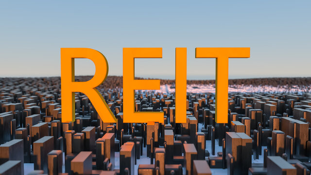 Concept image of Business Acronym REIT as Real Estate Investment Trust written over road marking yellow painted line. 3d rendering
